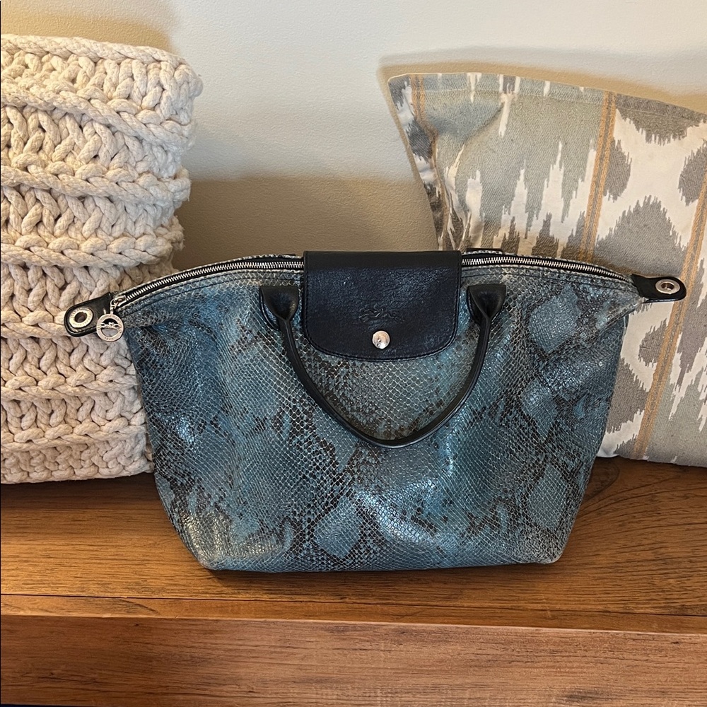 Longchamp Snakeskin Pattern Embossed Leather Tote in Blue and Black Print